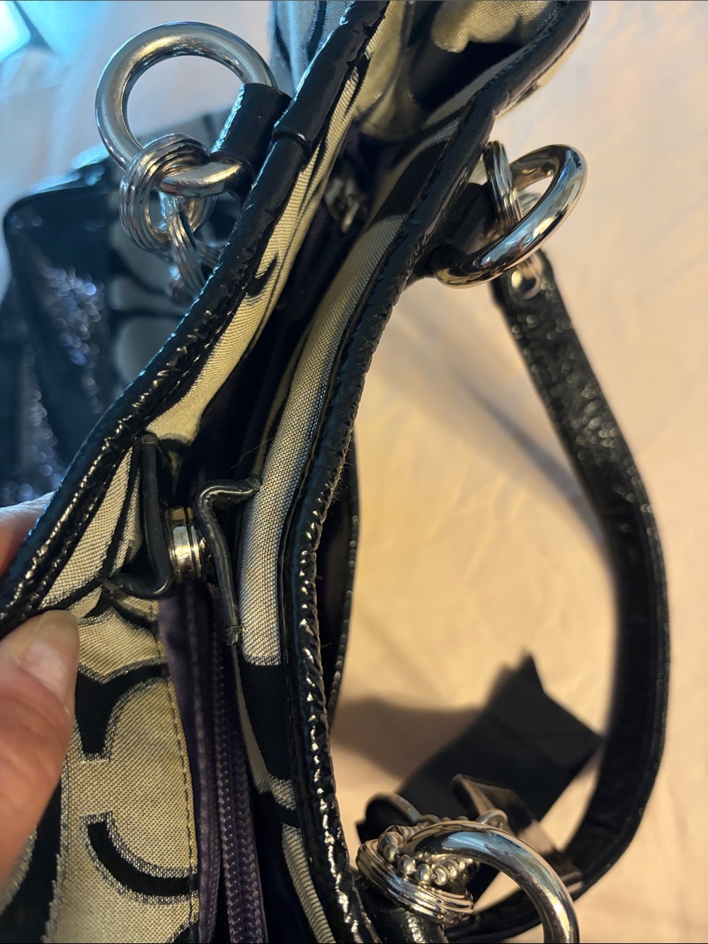 Coach Black and Ivory Signature Canvas Tote with Silver Hardware - Picture 9 of 13